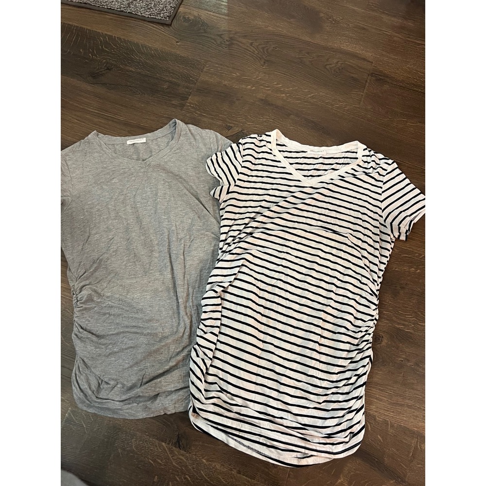 Smallshow Maternity T-Shirt Bundle 2 Pack Gray Striped Ruched V-Neck Size L